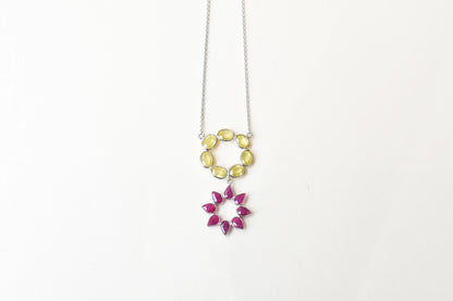 Lemon Quartz Ruby Necklace in 925 Silver | Halo Flower Design
