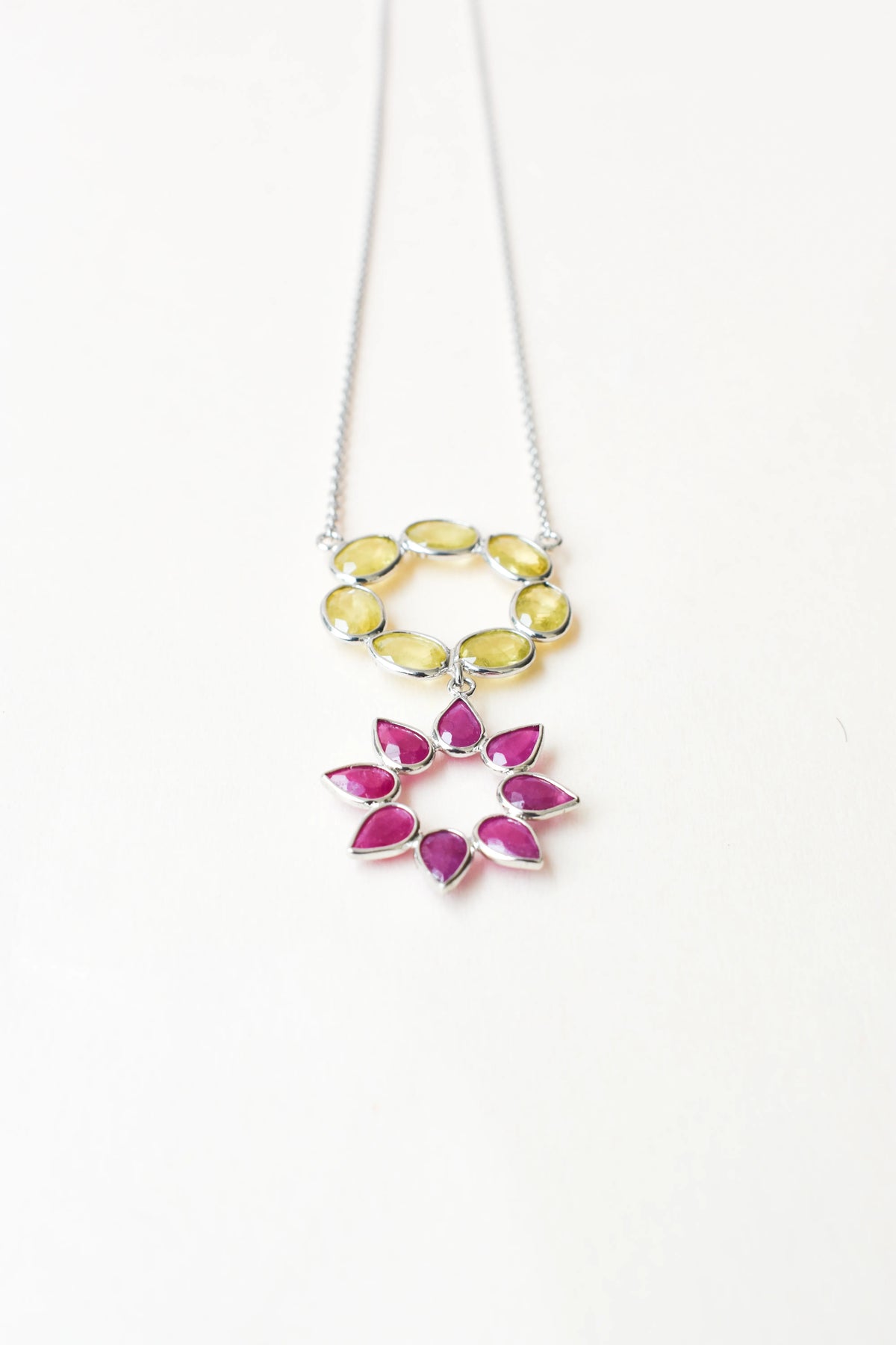 Lemon Quartz Ruby Necklace in 925 Silver | Halo Flower Design