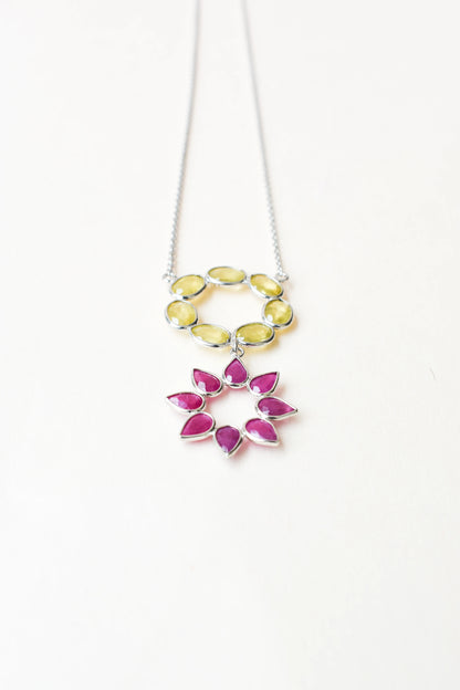 Lemon Quartz Ruby Necklace in 925 Silver | Halo Flower Design