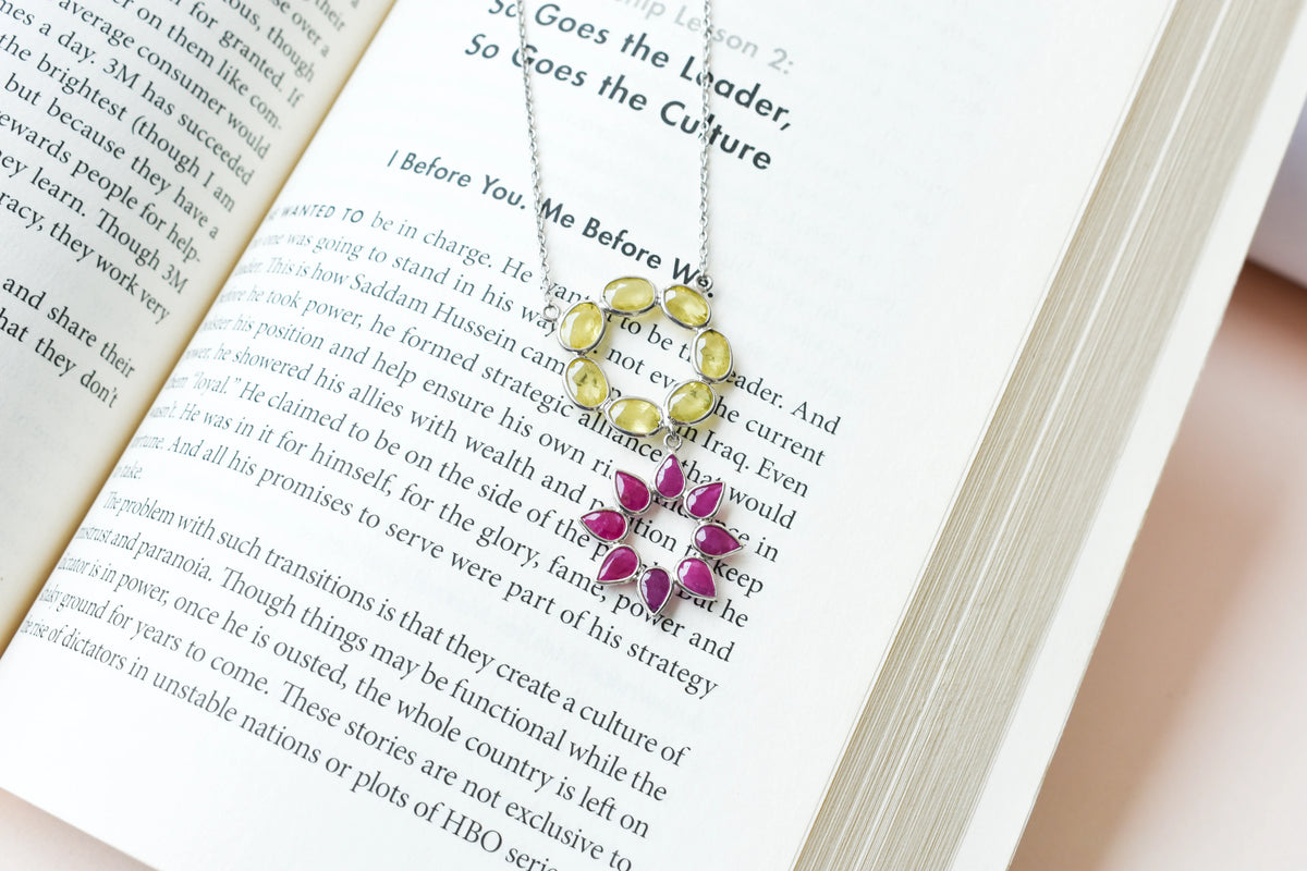 Lemon Quartz Ruby Necklace in 925 Silver | Halo Flower Design