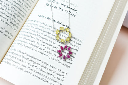 Lemon Quartz Ruby Necklace in 925 Silver | Halo Flower Design