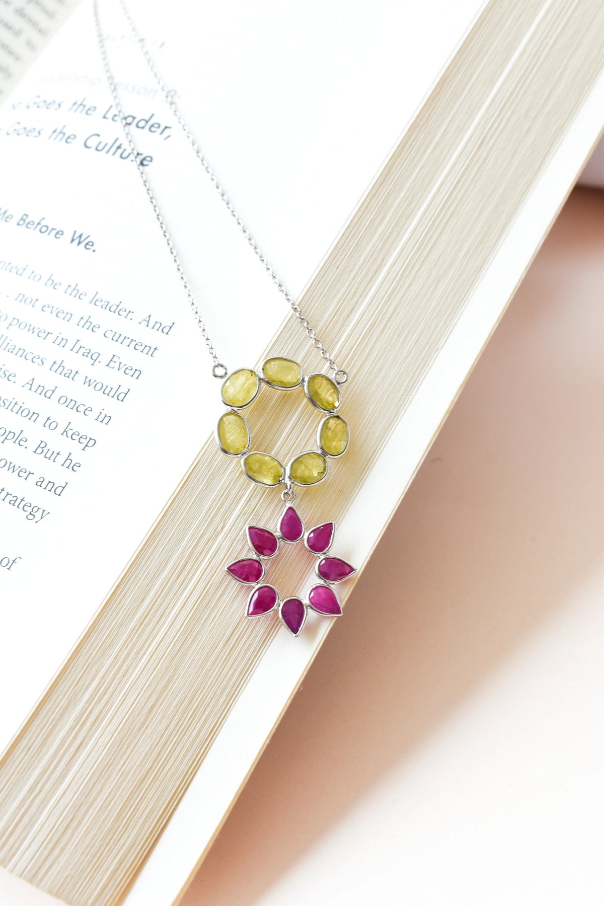 Lemon Quartz Ruby Necklace in 925 Silver | Halo Flower Design