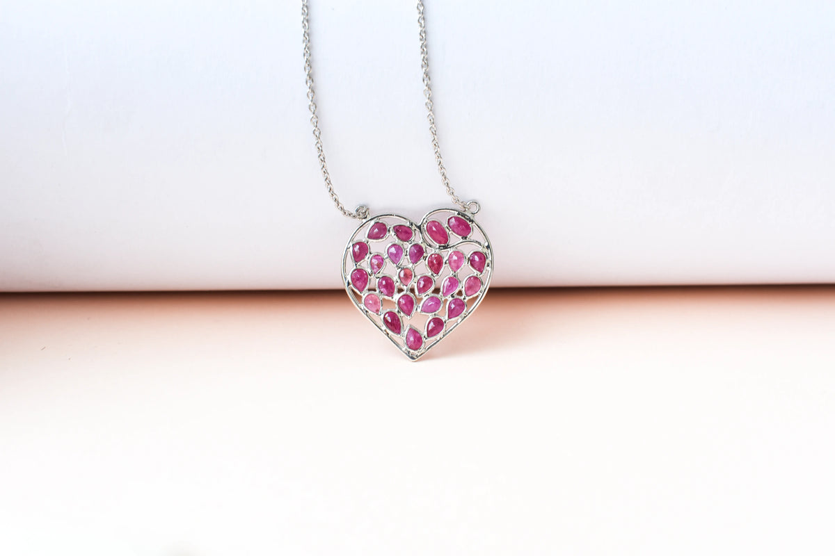 Ruby Heart Pendant Necklace in Silver | Openwork Design