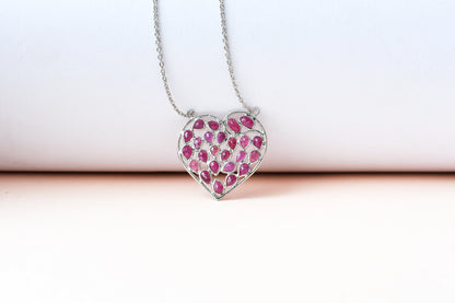 Ruby Heart Pendant Necklace in Silver | Openwork Design