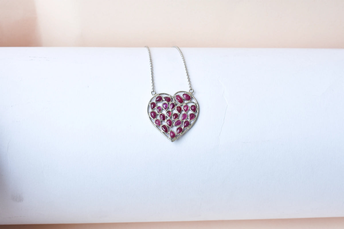 Ruby Heart Pendant Necklace in Silver | Openwork Design