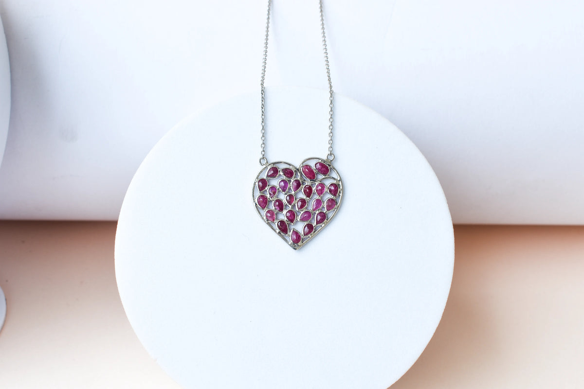 Ruby Heart Pendant Necklace in Silver | Openwork Design