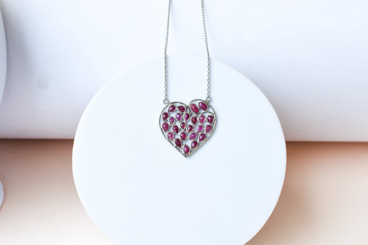 Ruby Heart Pendant Necklace in Silver | Openwork Design