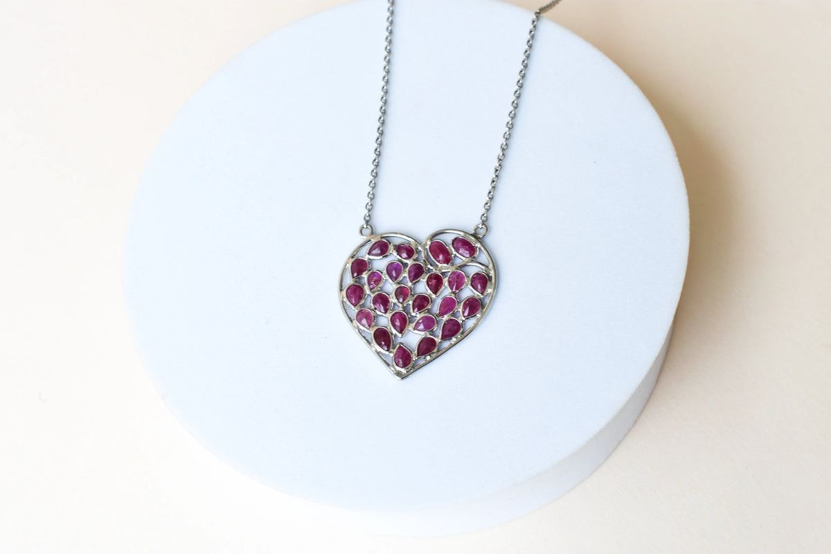 Ruby Heart Pendant Necklace in Silver | Openwork Design