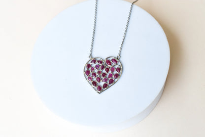 Ruby Heart Pendant Necklace in Silver | Openwork Design