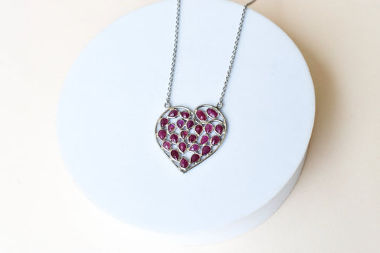 Ruby Heart Pendant Necklace in Silver | Openwork Design