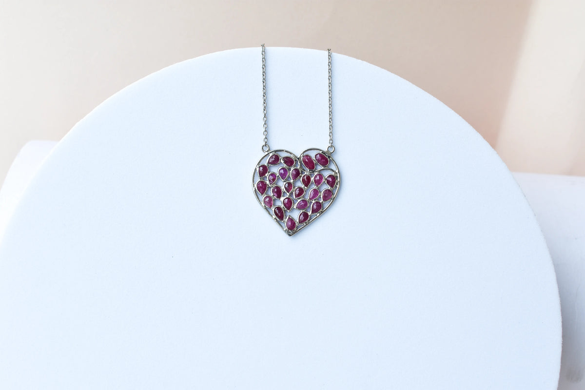 Ruby Heart Pendant Necklace in Silver | Openwork Design