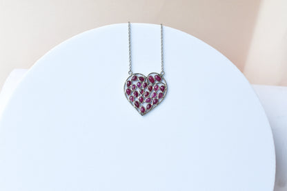 Ruby Heart Pendant Necklace in Silver | Openwork Design