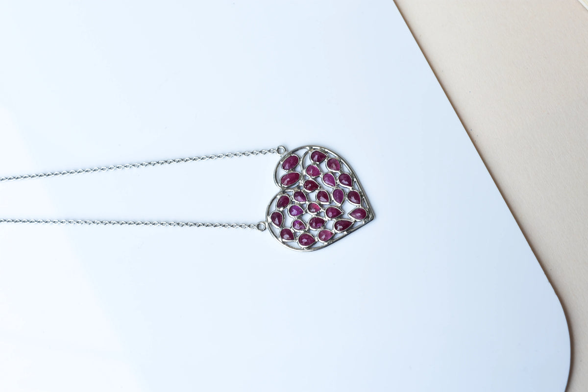Ruby Heart Pendant Necklace in Silver | Openwork Design
