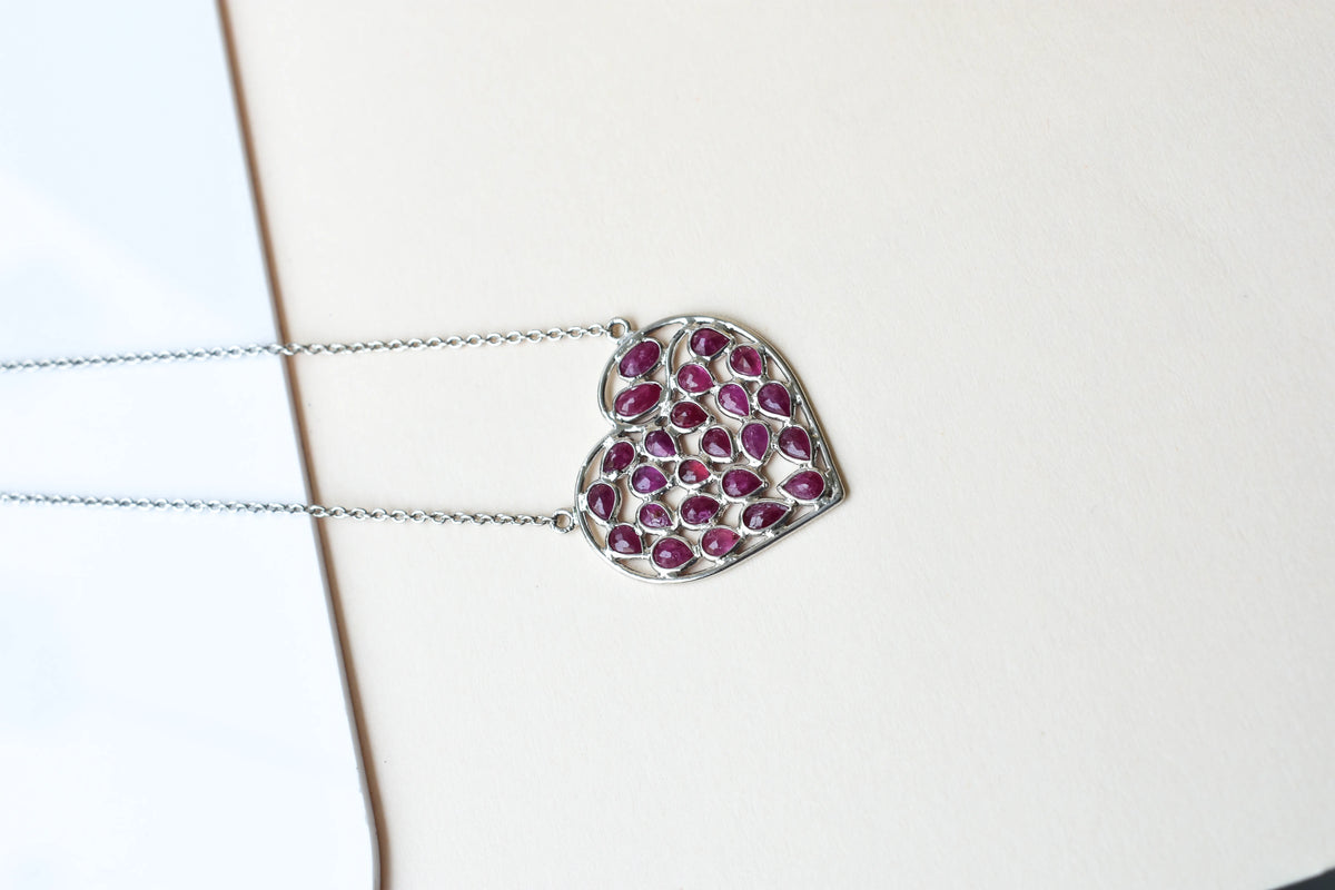 Ruby Heart Pendant Necklace in Silver | Openwork Design
