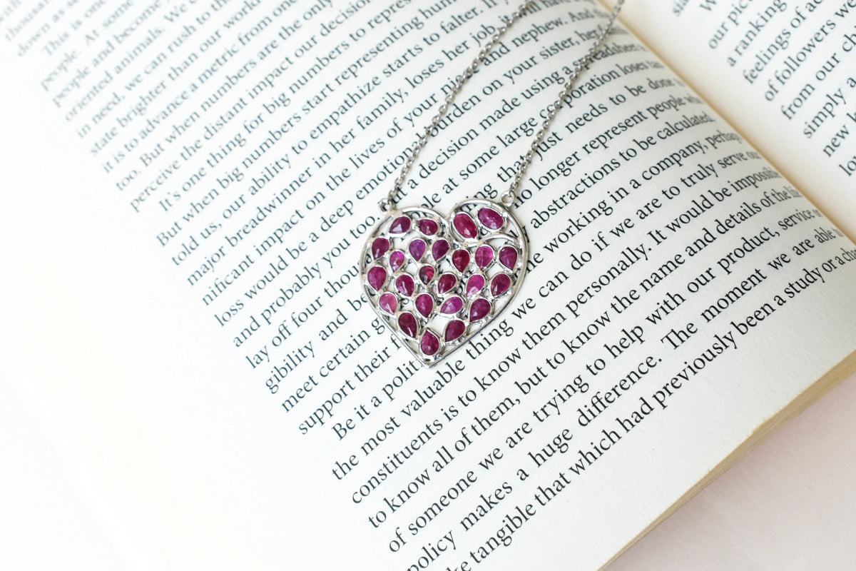 Ruby Heart Pendant Necklace in Silver | Openwork Design