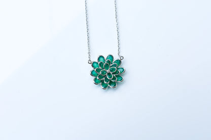 Green Onyx Flower Pendant Necklace in Silver