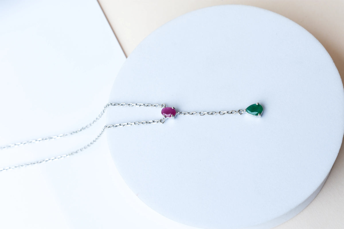 Ruby and Emerald Necklace in Silver | Toi et Moi Design
