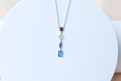 Multi Gemstone Drop Necklace in Silver | Mixed Shapes