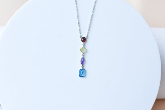 Multi Gemstone Drop Necklace in Silver | Mixed Shapes