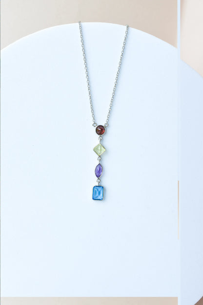 Multi Gemstone Drop Necklace in Silver | Mixed Shapes