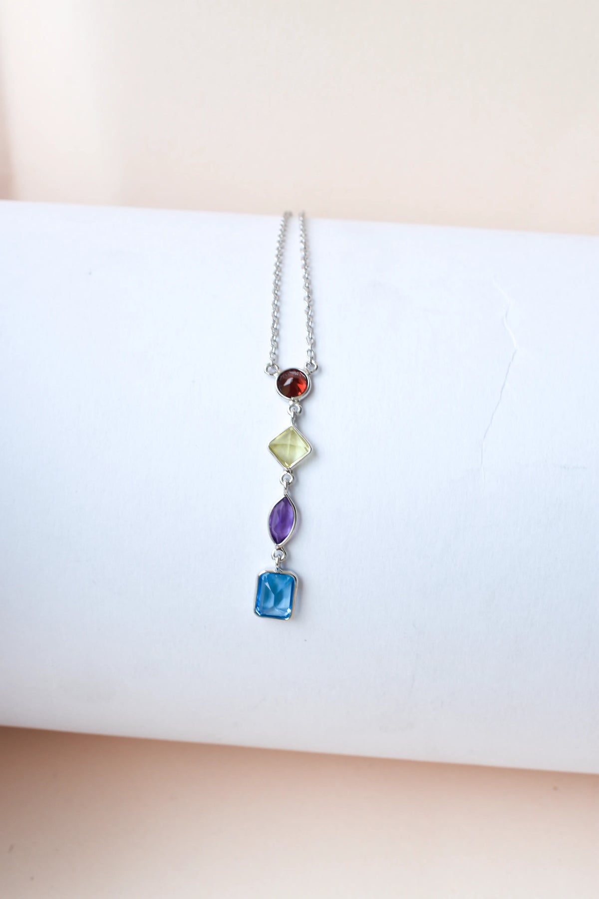 Multi Gemstone Drop Necklace in Silver | Mixed Shapes