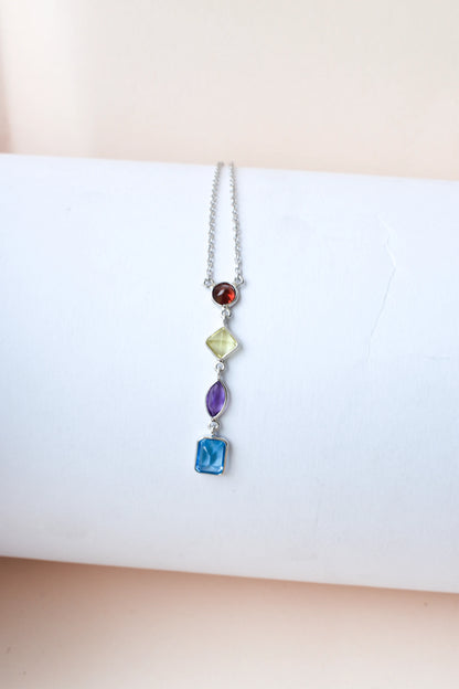 Multi Gemstone Drop Necklace in Silver | Mixed Shapes