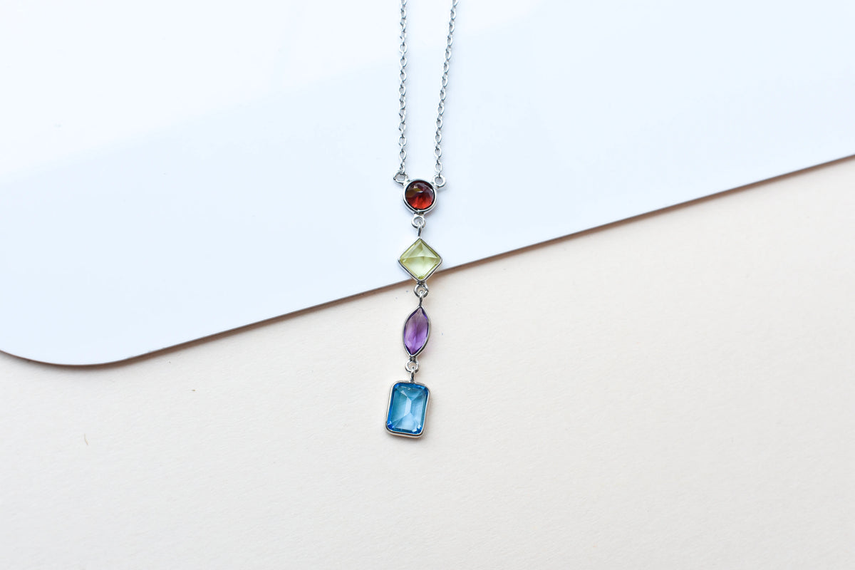 Multi Gemstone Drop Necklace in Silver | Mixed Shapes