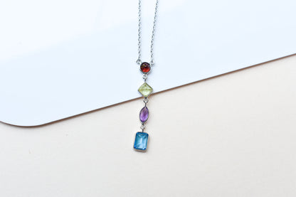 Multi Gemstone Drop Necklace in Silver | Mixed Shapes