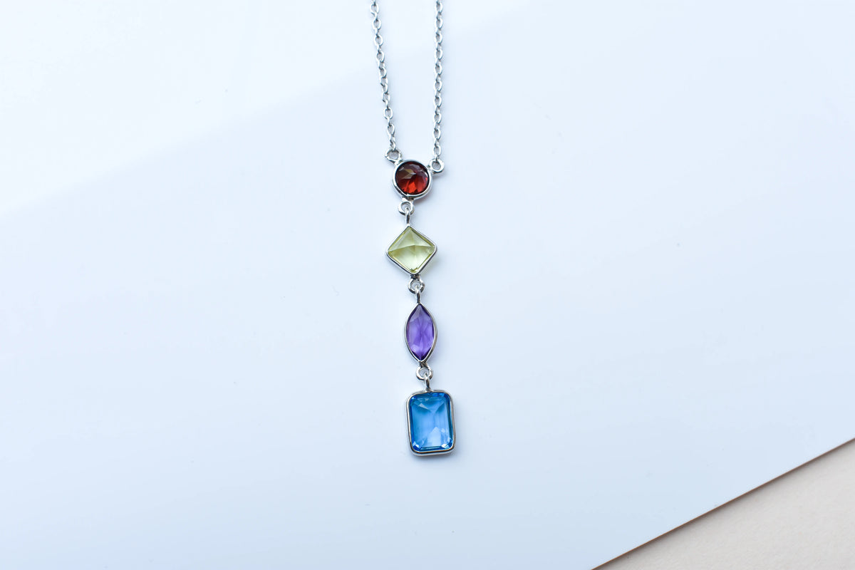 Multi Gemstone Drop Necklace in Silver | Mixed Shapes