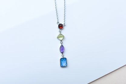 Multi Gemstone Drop Necklace in Silver | Mixed Shapes