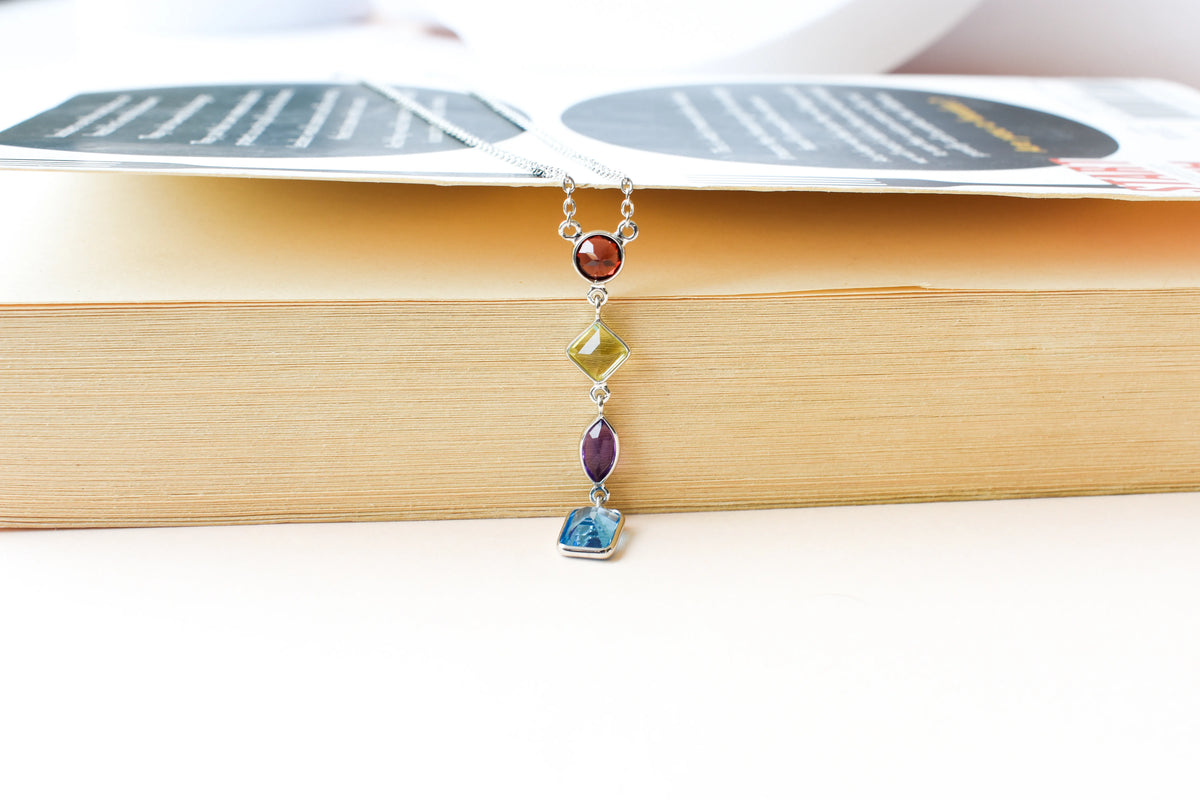 Multi Gemstone Drop Necklace in Silver | Mixed Shapes