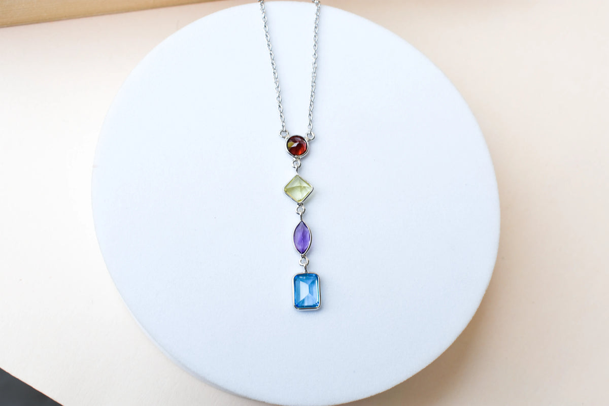 Multi Gemstone Drop Necklace in Silver | Mixed Shapes