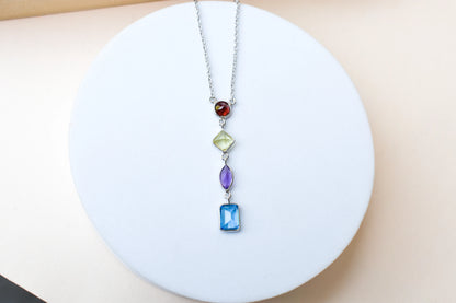 Multi Gemstone Drop Necklace in Silver | Mixed Shapes