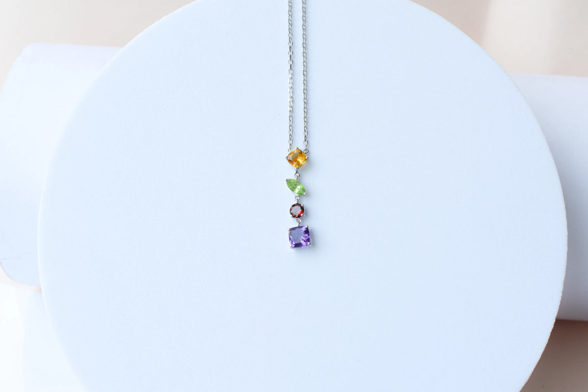 Multi Gemstone Necklace in Silver | Graduated Chain