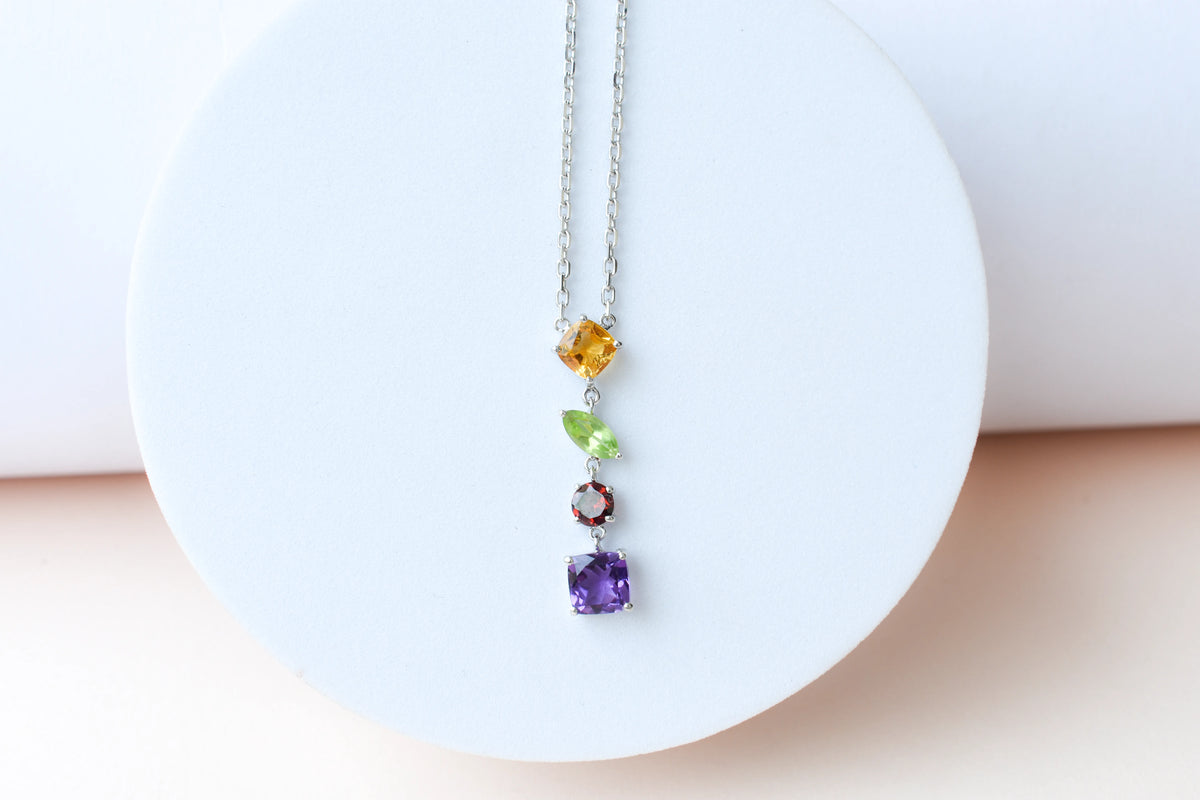Multi Gemstone Necklace in Silver | Graduated Chain