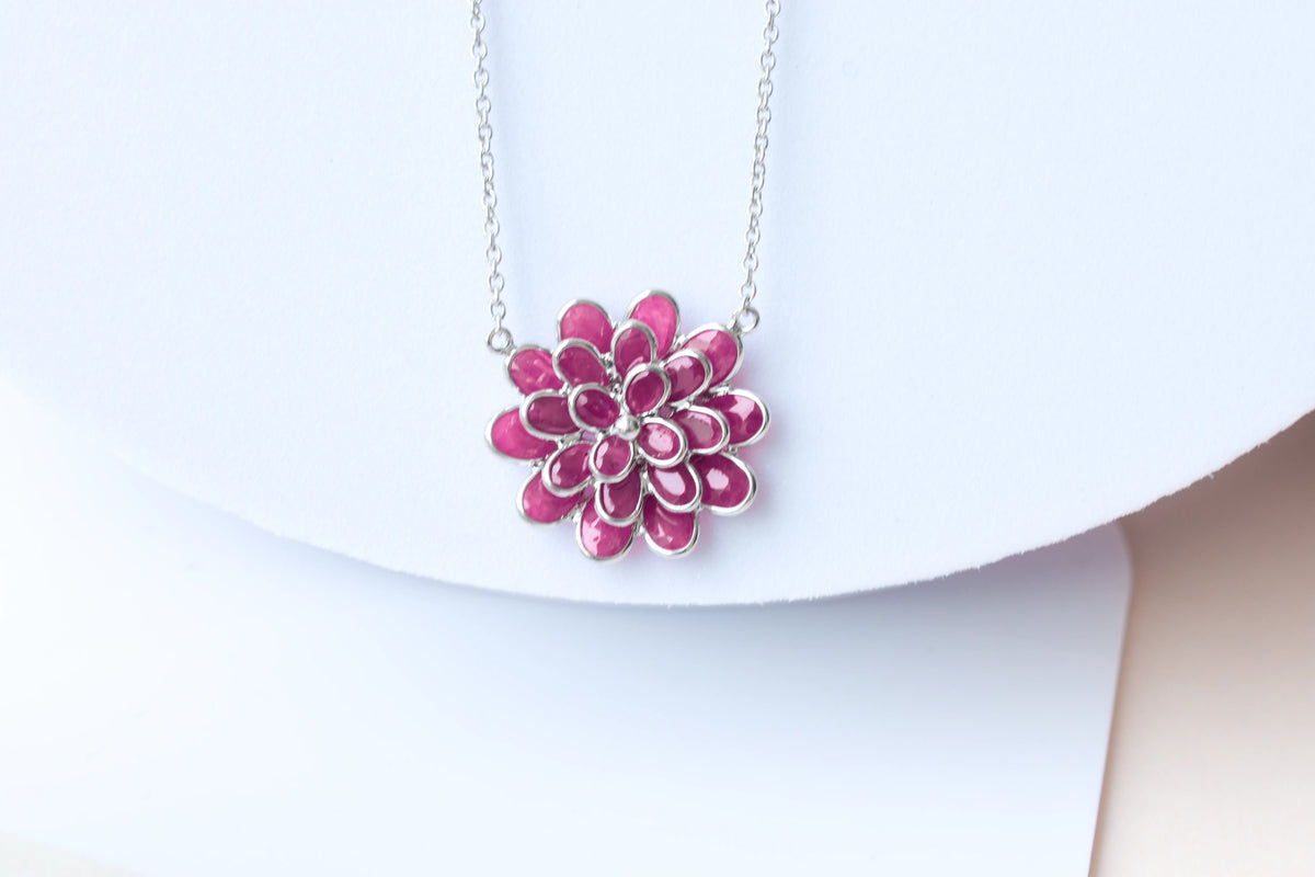 Ruby Flower Necklace in Silver | Station Chain