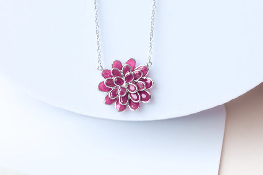 Ruby Flower Necklace in Silver | Station Chain