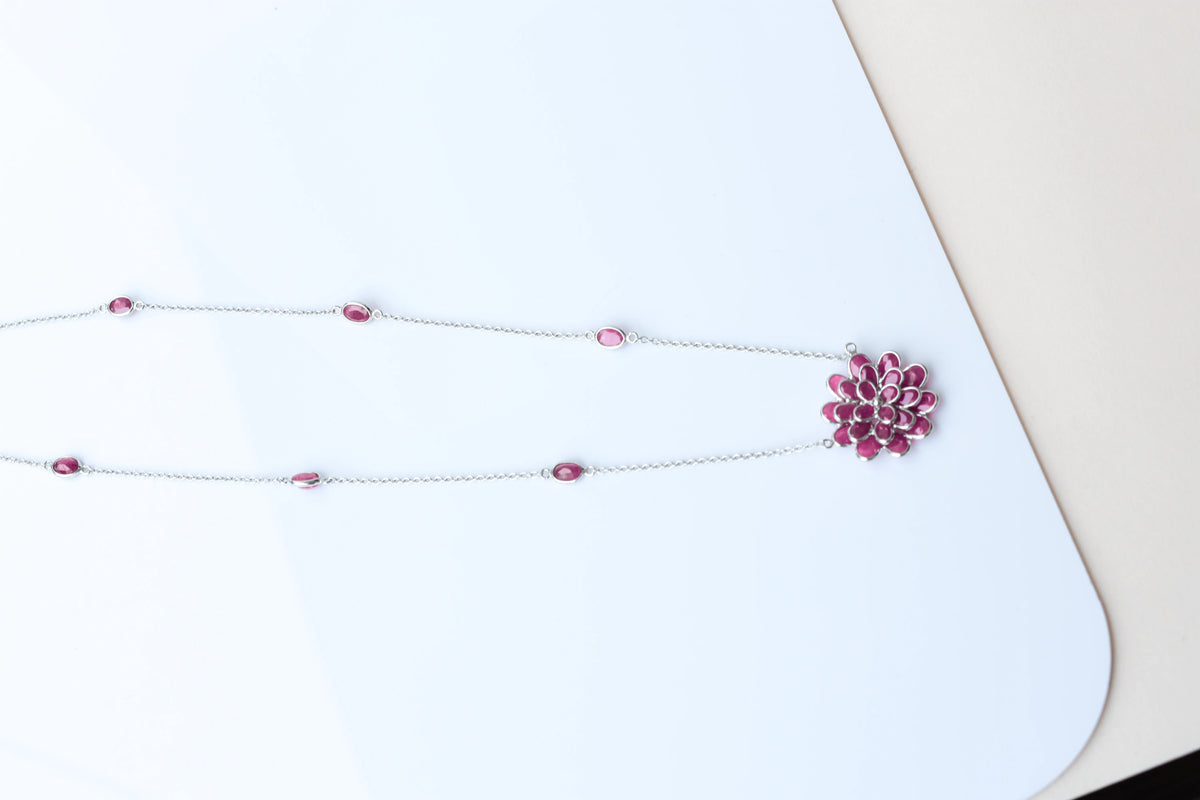 Ruby Flower Necklace in Silver | Station Chain