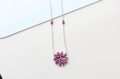 Ruby Flower Necklace in Silver | Station Chain