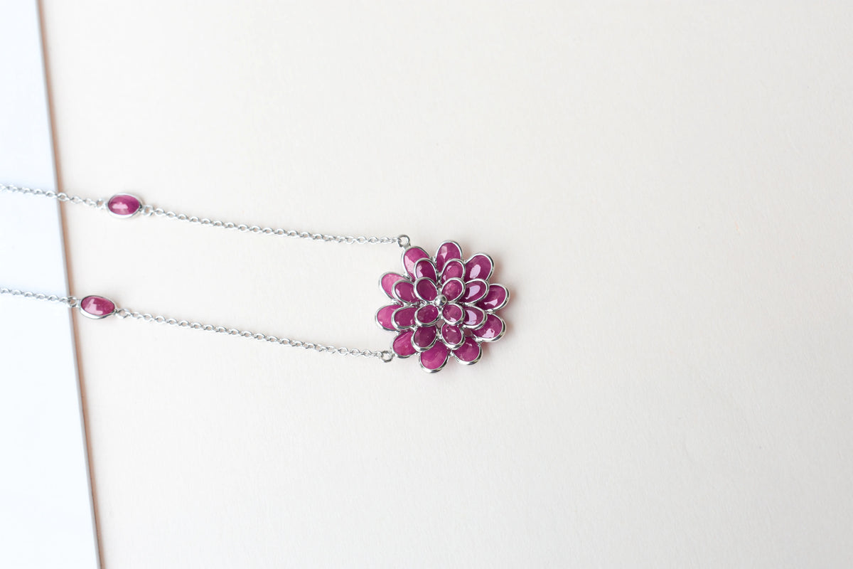 Ruby Flower Necklace in Silver | Station Chain