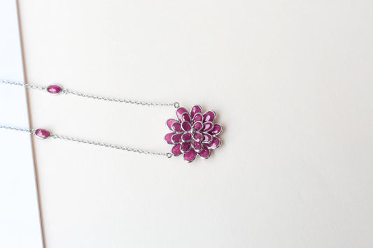Ruby Flower Necklace in Silver | Station Chain