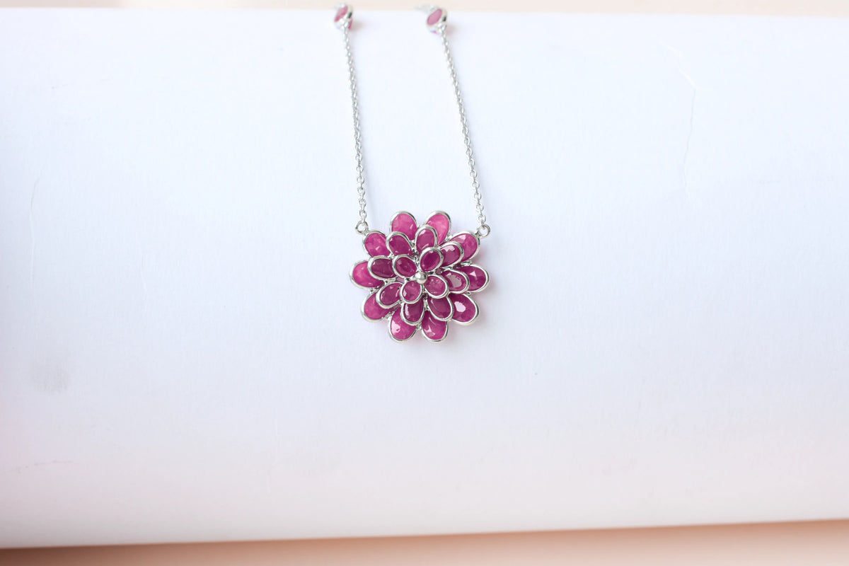 Ruby Flower Necklace in Silver | Station Chain