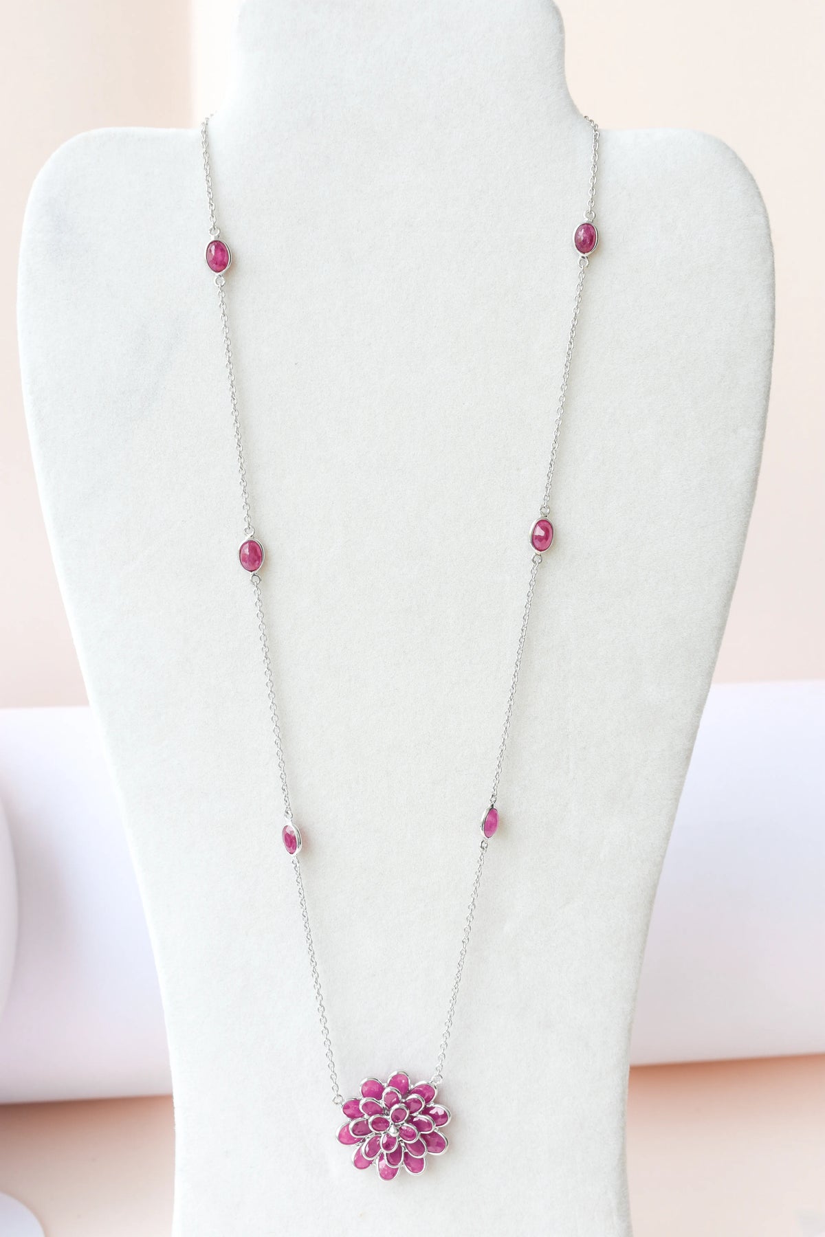 Ruby Flower Necklace in Silver | Station Chain