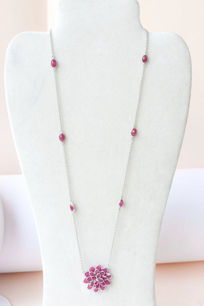 Ruby Flower Necklace in Silver | Station Chain
