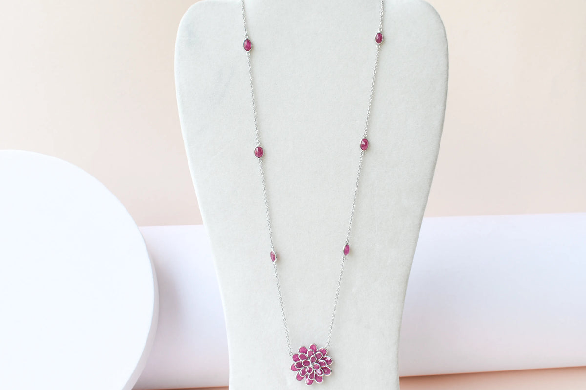 Ruby Flower Necklace in Silver | Station Chain