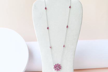 Ruby Flower Necklace in Silver | Station Chain