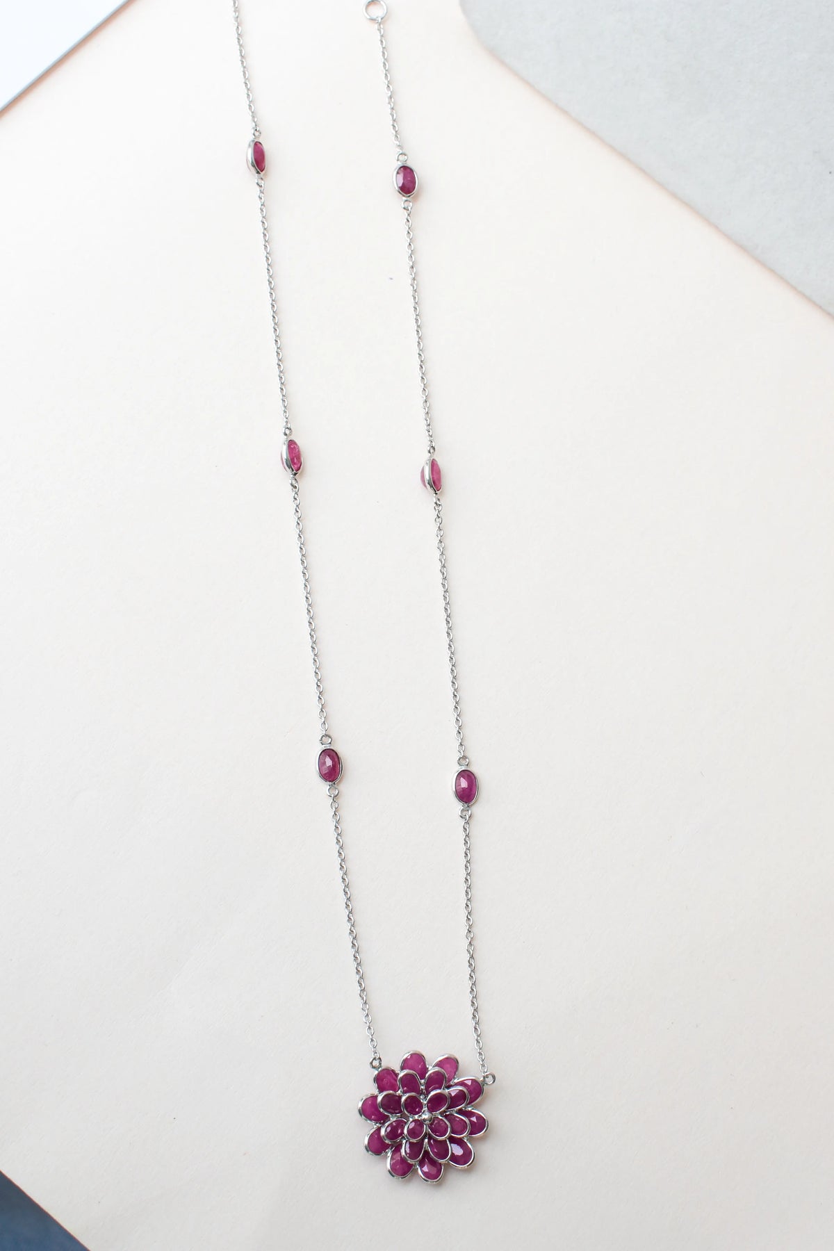 Ruby Flower Necklace in Silver | Station Chain