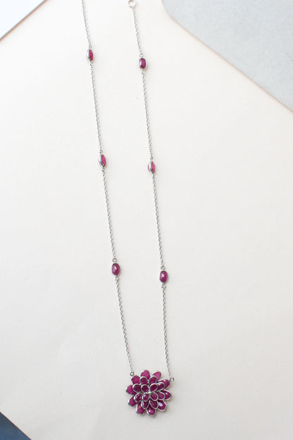 Ruby Flower Necklace in Silver | Station Chain