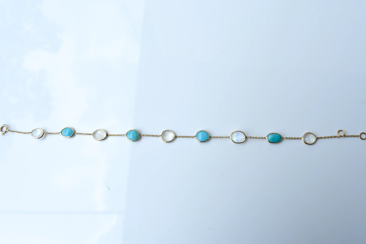 18K gold bracelet with moonstone and turquoise stations