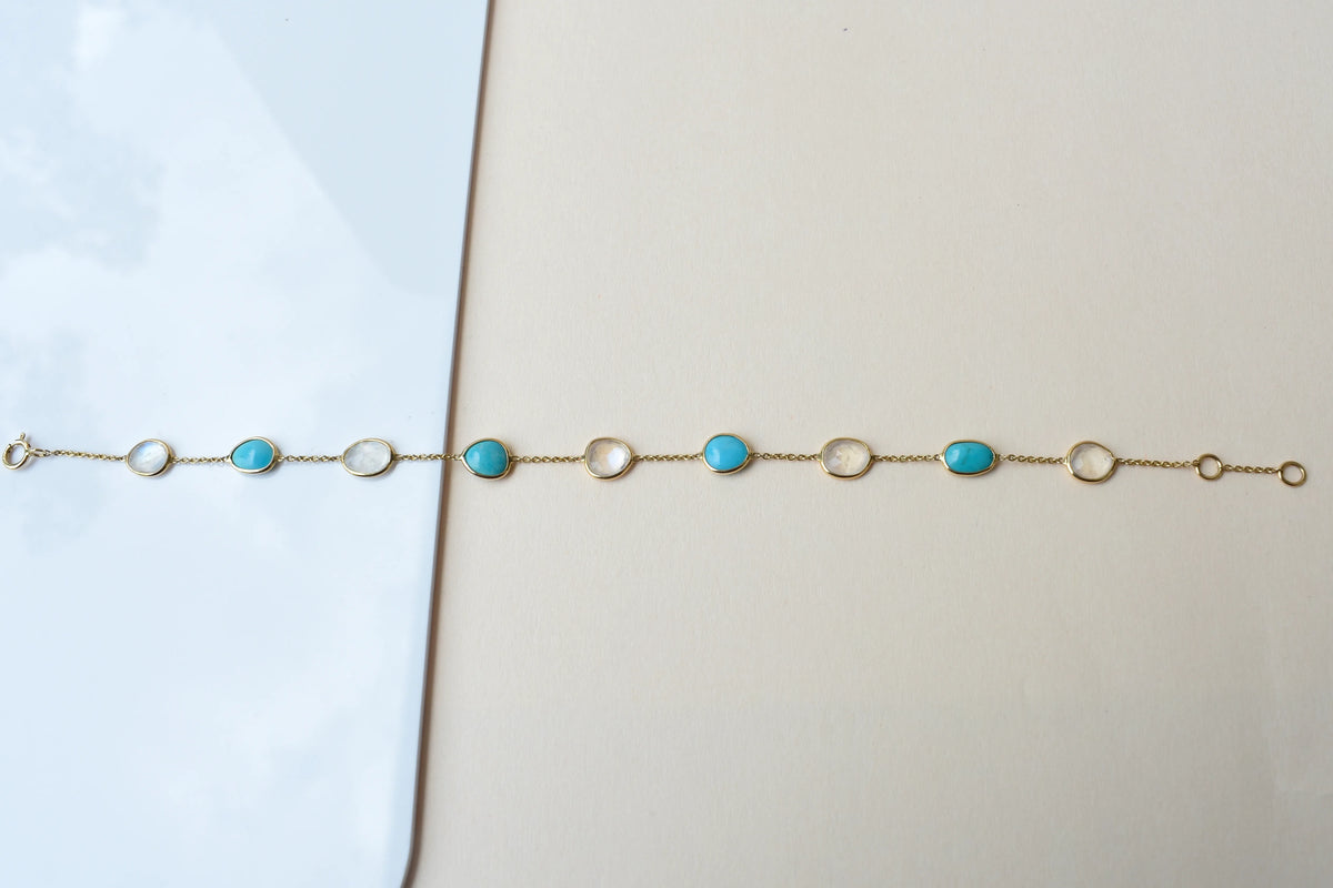 18K gold bracelet with moonstone and turquoise stations